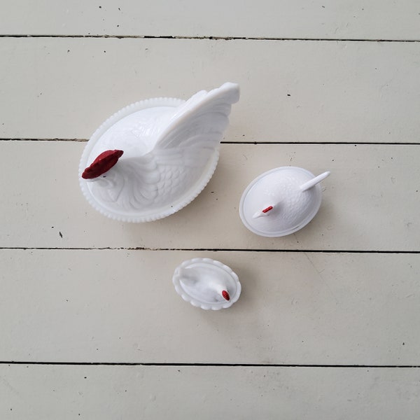 Milk Glass Hens on Nests Vintage Lidded Dish Rooster on Basket