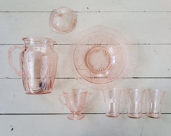 Royal Lace  Hazel Atlas Pink Depression Glass - Tumblers, Pitcher, Footer Sugar, Serving Bowl, Spare Lid - Each Sold Separately.