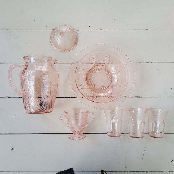 Royal Lace Hazel Atlas Pink Depression Glass - Tumblers, Pitcher