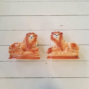 Op de afbeelding: Twee keramische leeuwenbeeldjes. De leeuwen bevinden zich in een rusthouding, met een bruin lichaam en een roodbruine manen. De beeldjes staan op een wit houten oppervlak.