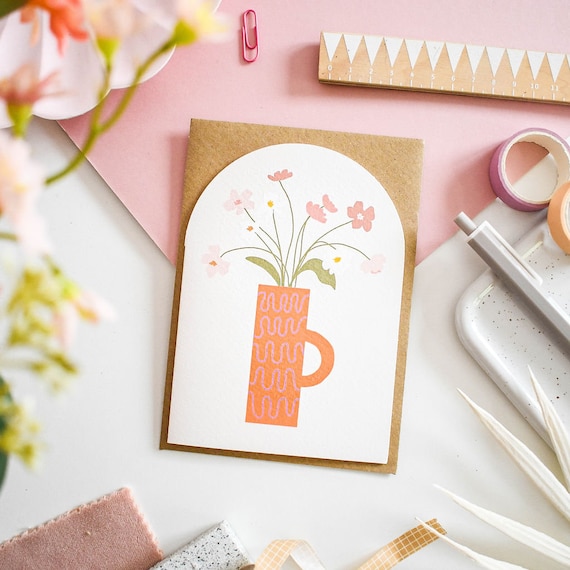 Arched Orange Floral Vase Card | Blank | Any Occasion | A6 | Card For Her | Mum | Friend