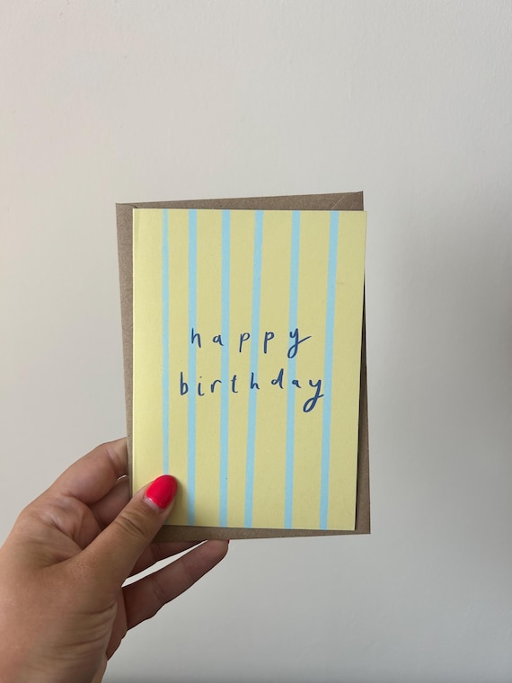 Yellow Striped Happy Birthday Card | Minimalist Cute Birthday Card for Him Her Friend Kids | Handmade Blank Greeting Card
