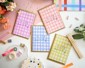 Gingham Happy Birthday Cards - A6 Pack of 4