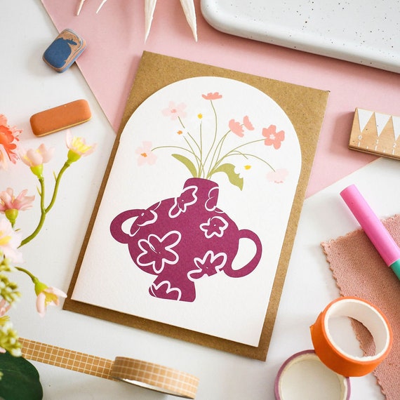 Flowers In Purple Vase Arched Greetings Card | Blank Inside | Any Occasion | A6 | Card For Her | Friend | Flowers