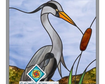 Bird Stained Glass Pattern- Grey Heron .PDF file to Download - Intermedium Level - Birds