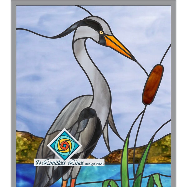 Bird Stained Glass Pattern- Grey Heron .PDF file to Download - Intermedium Level - Birds