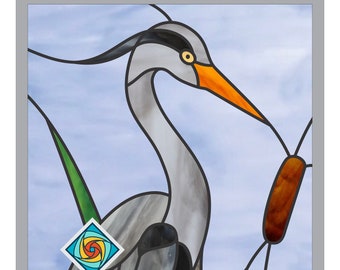 Stained Glass Pattern Grey Heron .PDF file to Download - Beginners - Intermedium Level - Birds