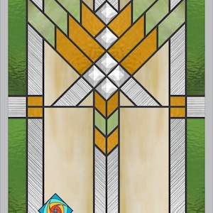 Könnte beinhalten: Ein Buntglasfenster mit einem geometrischen Muster in Grün, Orange und Weiß. Die Mitte des Musters zeigt eine stilisierte Blume mit einem wirbelnden Muster.