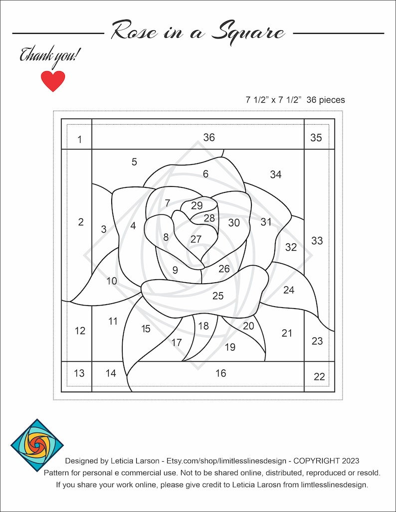 Może przedstawiać: Czarno-biały wz&oacute;r liniowy r&oacute;ży w kwadracie. Wz&oacute;r jest podzielony na 36 ponumerowanych sekcji, z tekstem "Rose in a Square" u g&oacute;ry i "7 1/2" x 7 1/2" 36 element&oacute;w" pod wzorem.