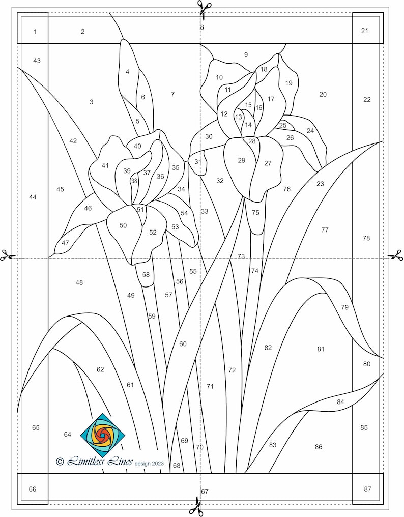 May include: A black and white line art stained glass pattern of two iris flowers with leaves. The pattern is numbered 1 through 87. The text "Limitless Lines design 2023" is at the bottom of the image.