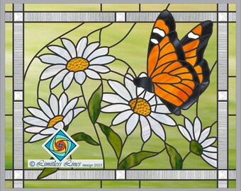 Butterfly Stained Glass Pattern - PDF file for Instant Download- Advance Level - Daisy Flowers