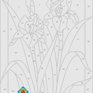 May include: A black and white line art stained glass pattern of an iris flower with 87 numbered sections. The pattern is suitable for creating a stained glass window or art project.