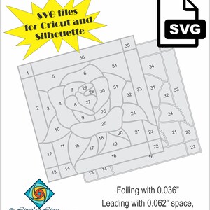 Może przedstawiać: Czarno-biała ilustracja liniowa r&oacute;ży z 36 ponumerowanymi sekcjami. Obraz zawiera tekst "SVG files for Cricut and Silhouette" oraz "Foiling with 0.036" Leading with 0.062" space".