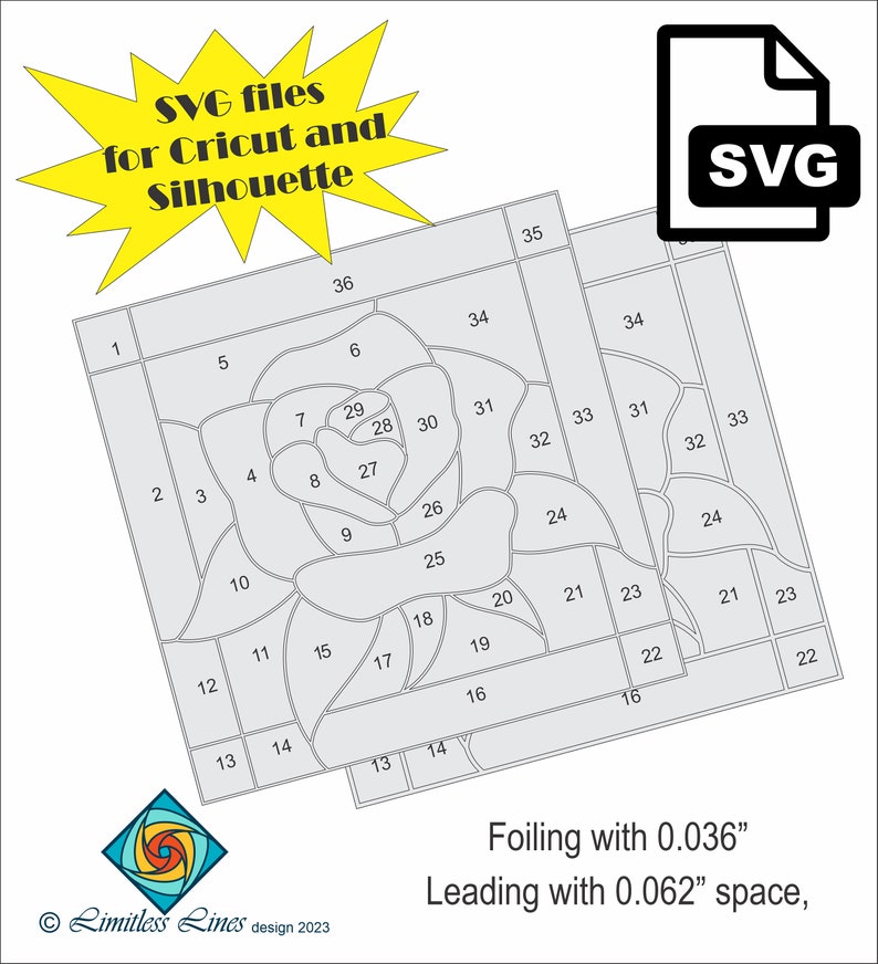 Może przedstawiać: Czarno-biała ilustracja liniowa r&oacute;ży z 36 ponumerowanymi sekcjami. Obraz zawiera tekst "SVG files for Cricut and Silhouette" oraz "Foiling with 0.036" Leading with 0.062" space".