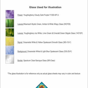 May include: A chart showing the different types of glass used to create an illustration of an iris flower. The glass types are listed with their names and corresponding colors. The chart includes the flower, leaves, signal, background, and border.