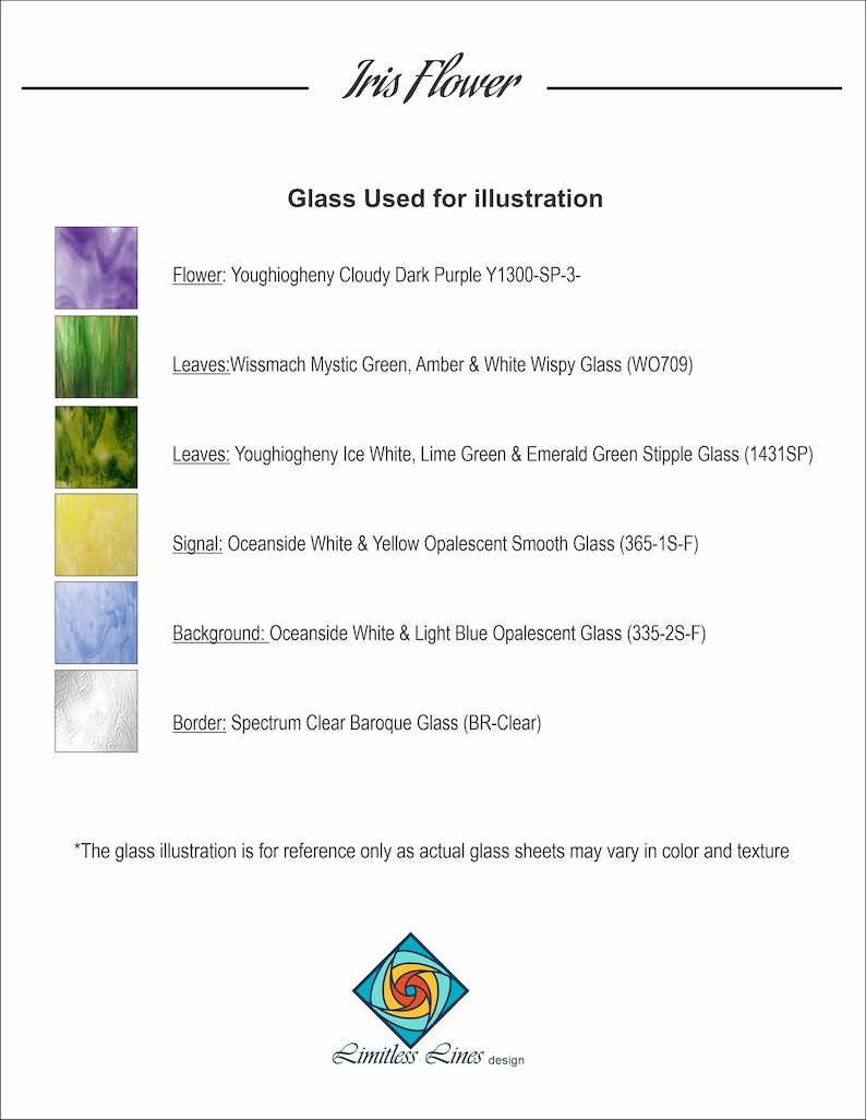 May include: A chart showing the different types of glass used to create an illustration of an iris flower. The glass types are listed with their names and corresponding colors. The chart includes the flower, leaves, signal, background, and border.