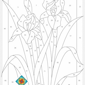 May include: A black and white line art stained glass pattern of an iris flower with 87 numbered sections. The pattern is titled "Limitless Lines design 2023".