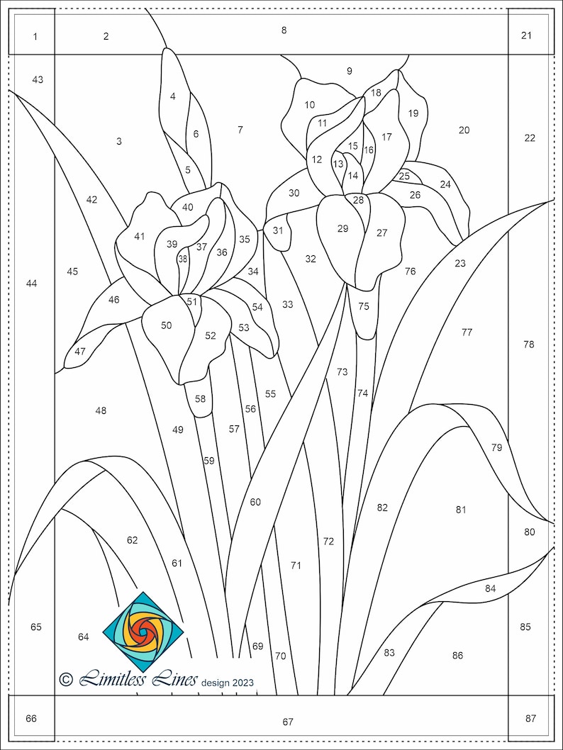 May include: A black and white line art stained glass pattern of an iris flower with 87 numbered sections. The pattern is titled "Limitless Lines design 2023".