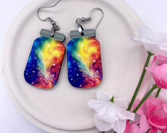 Rainbow Galaxy Earrings,  Magic Jar Earrings, Canning Jar, Enchanting Earrings,Vibrant Jewlery