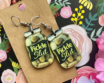 Pickle Slut Earrings. Pickle Jar Earrings. Funny Earrings. Canning Jar, Foodie Fashion, food earrings