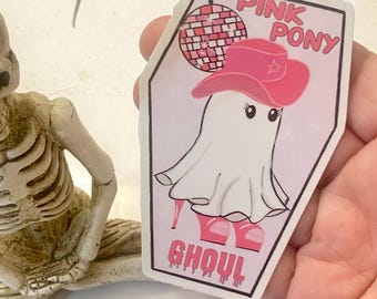 Pink Pony Ghoul Halloween Sticker, Laptop Sticker, Coffin, Disco Ball