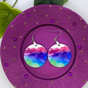 Watercolor Earrings, Dangle and drop earrings, blue, green, pink, round Colorful art earrings