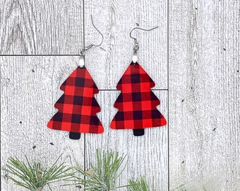 Buffalo Plaid Christmas Tree Earrings, 2023 Holiday Jewelry, gift exchange 2023, Teacher gift. Animal Print