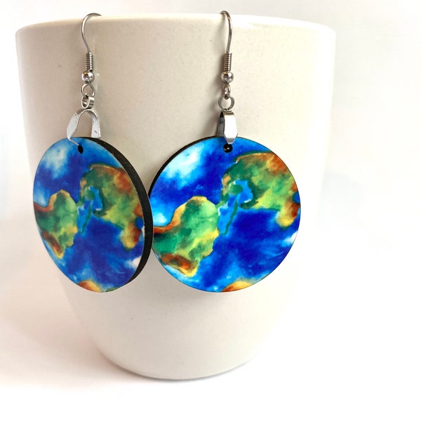 Watercolor Earth Earrings, planet earrings, Environment, Nature, Earth Day