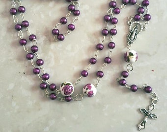 Purple Rosary Beads with Floral Our Father Beads