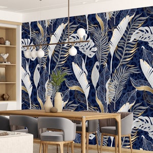 White Tropical Leaves with Gold Elements on Blue Leopard Background Wallpaper, Peel and Stick Removable Self-adhesive Wall Mural Home Decor