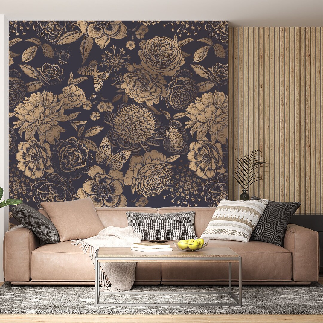 Black and Gold Flower Peonies Peel and Stick Wallpaper, Vintage Floral