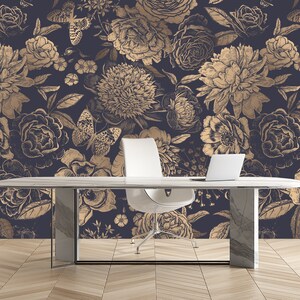 Black and Gold Flower Peonies Peel and Stick Wallpaper, Vintage Floral