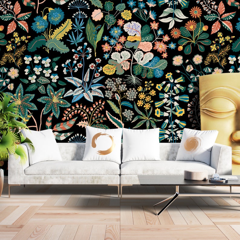 Black Floral Peel and Stick Wallpaper Floral Removable Etsy