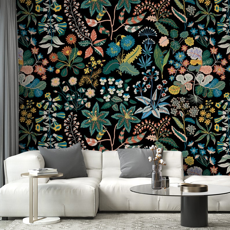 Black Floral Peel and Stick Wallpaper Floral Removable Etsy