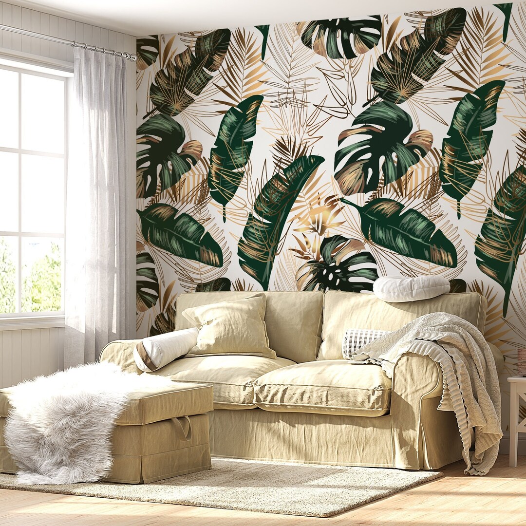 Golden Green Tropical Leaves Peel and Stick Wallpaper, Removable