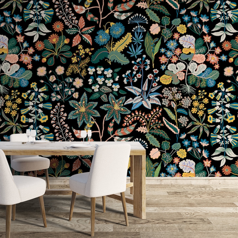 Black Floral Peel and Stick Wallpaper Floral Removable - Etsy