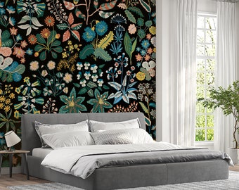 Black Floral Peel and Stick Wallpaper, Floral Removable Wallpaper, Seamless Botanical Flowers Wall Paper Art, Scandinavian Wallpaper