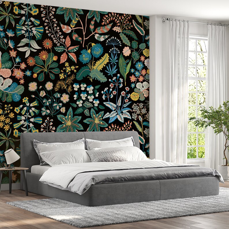 Black Floral Peel and Stick Wallpaper Floral Removable Etsy