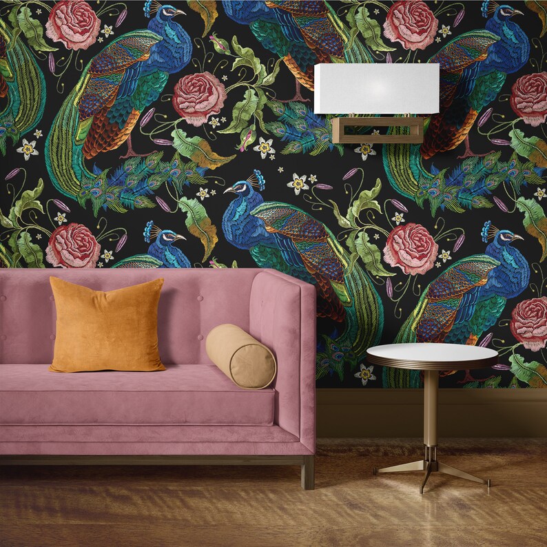 Embroidery Peacocks and Peonies Peel and Stick Wallpaper Etsy