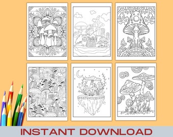 Setas místicas y bosque encantado, Libro para colorear, 30 páginas de patrones de mandala caprichosos y criaturas fantásticas, ¡Descarga instantánea!