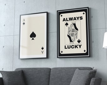 Trendy Wall Art Set van 3, Lucky Cards, Trendy Esthetische Print, Black Queen of Aces Cards, Always Lucky Poster, Trendy Wall Art, Digital,