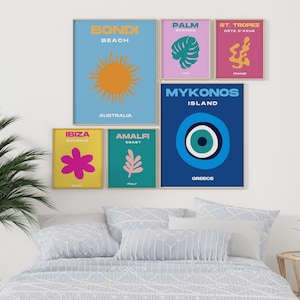 Set of 6 Travel Famous places prints: Ibiza, Miami, Mykonos, Amalfi, Bondi, Palm Beach - Preppy Gallery, Travel, Y2K Vibe - Digital Download