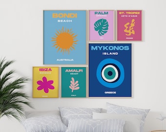 Set of 6 Travel Famous places prints: Ibiza, Miami, Mykonos, Amalfi, Bondi, Palm Beach - Preppy Gallery, Travel, Y2K Vibe - Digital Download