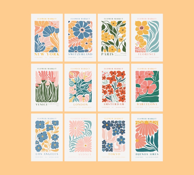 Flower Market Print Set of 12 Botanical Wall Art Floral - Etsy Australia