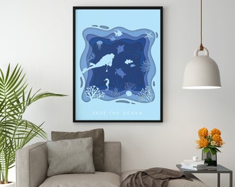 Save the Ocean / Impresiones bajo el mar inspiradas en el océano, Aspecto recortado, Decoración minimalista moderna de la pared del dormitorio y la sala de estar, DESCARGA DIGITAL