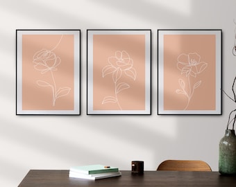 Zestaw 3 pięknych nadruków kwiatowych, neutralnych, ilustracje rysunkowe, botaniczne dekoracje ścienne do sypialni, eleganckie dzieła sztuki kwiatowej, akcenty domowe.