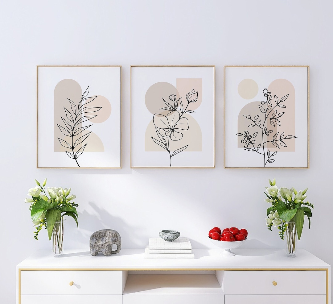 Botanical Line Art | Set of 3 Beige Plant Prints, Minimalist Modern ...