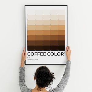 Pode incluir: Uma pessoa está a pendurar um poster emoldurado numa parede branca. O poster apresenta uma carta de cores com 40 tons de café, intitulada "COFFEE COLOR".