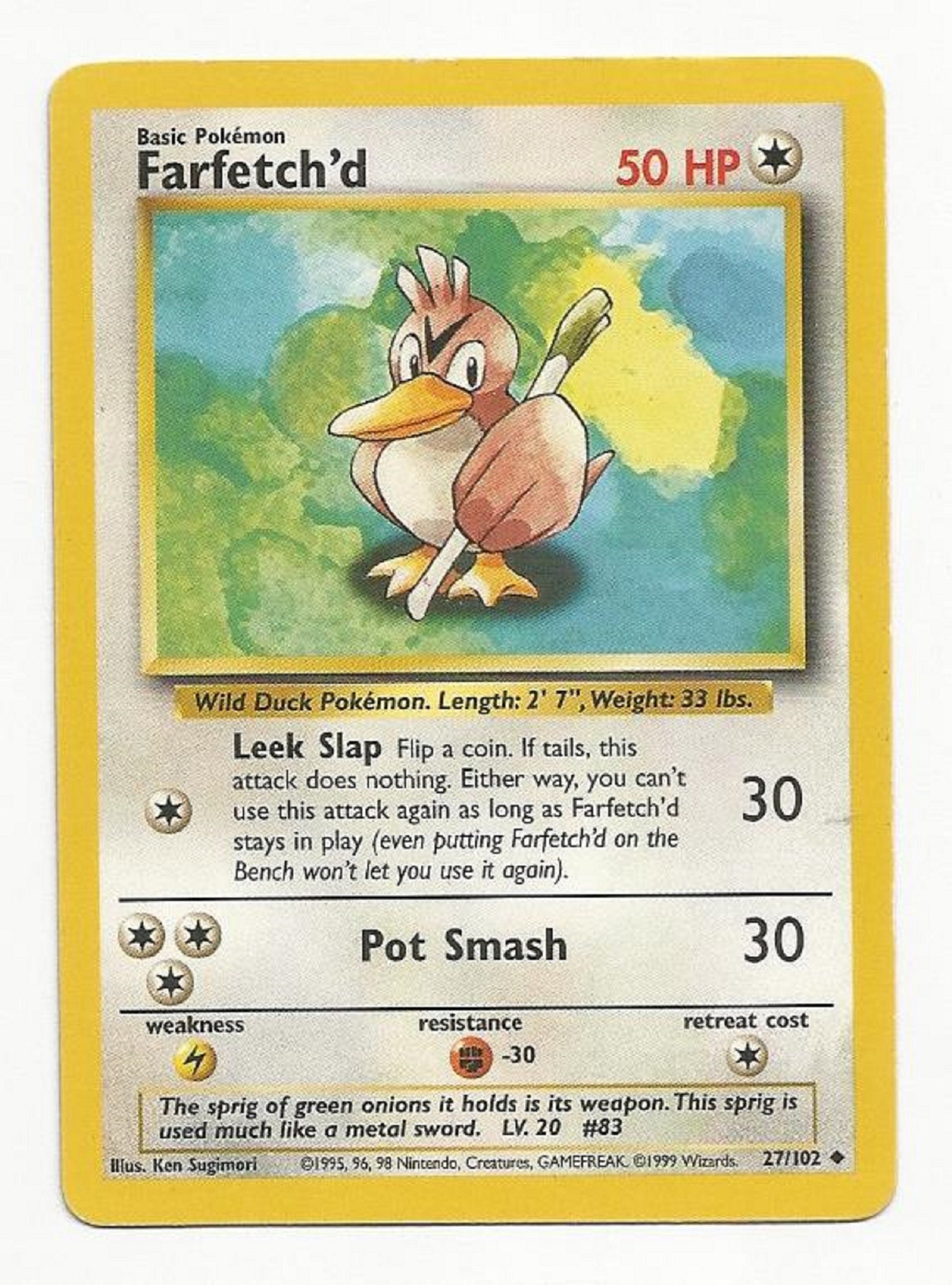 1995, 96, 98 Pokemon Card ** Farfetch'd ** - Base Set 27/102 - Uncommon