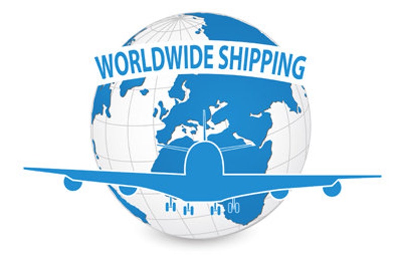 May include: A blue globe with a white world map and a white banner that says "WORLDWIDE SHIPPING" above a blue airplane silhouette.